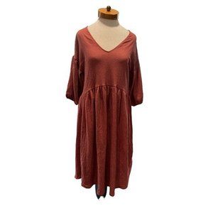 Zara Womens Puff Sleeve V-Neck Pleated A-Line Dress Size S Rust Orange‎
